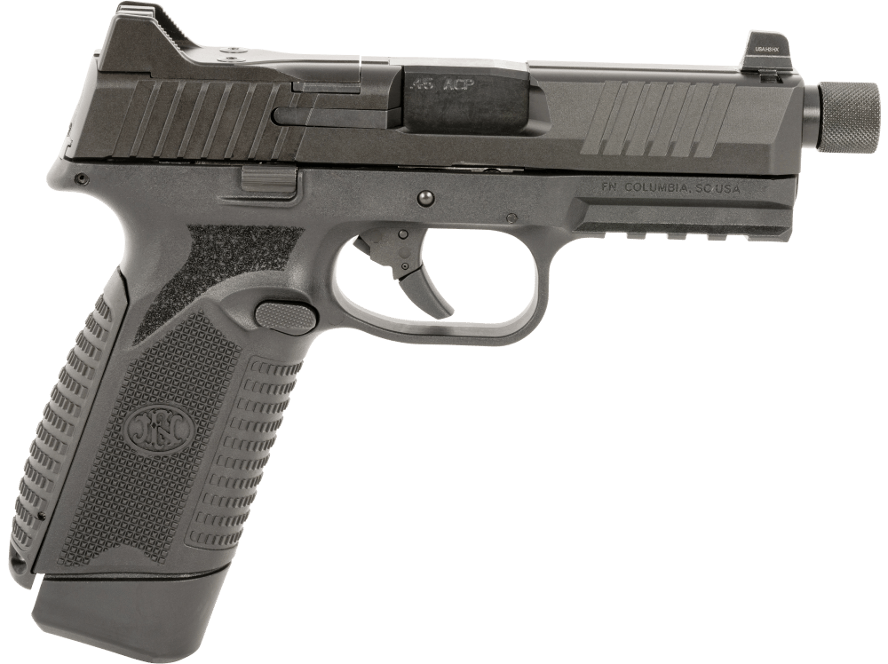 FN 66101385 545 Tactical 45 ACP 10+1 4.71" Black Target Crown/Threaded Steel Barrel, Black Optic Cut/Serrated Steel Slide & Polymer Frame w/Picatinny Rail,  Ambidextrous