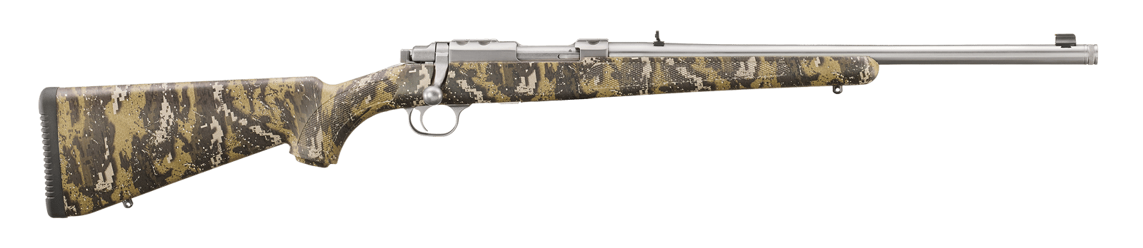 Ruger 7420 77/357  357 Mag 5+1 18.50" Brushed Stainless Threaded Barrel, Brushed Stainless Integral Scope Mount, Fixed Desolve Bare Reduced Camo Synthetic Stock, Thread Protector