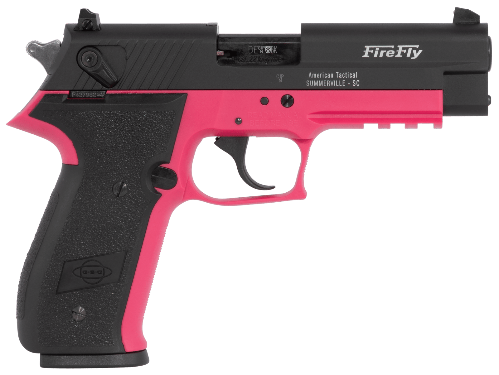 GSG GERG2210FFP FireFly  22 LR 10+1 4" Black Serrated Slide, Pink Zinc Alloy w/Accessory Rail Frame, Black Polymer Grip