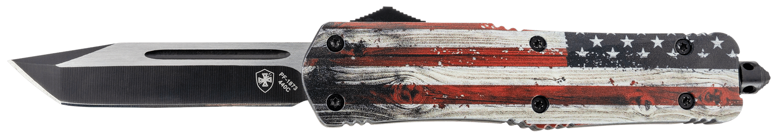 Templar Knife LWUS231 Gen II Wood US Flag Large 3.50" OTF Tanto Plain Black Oxide Stonewashed 440C SS Blade, 5.25" Painted Wood Grain US Flag Aluminum Handle, Glass Breaker