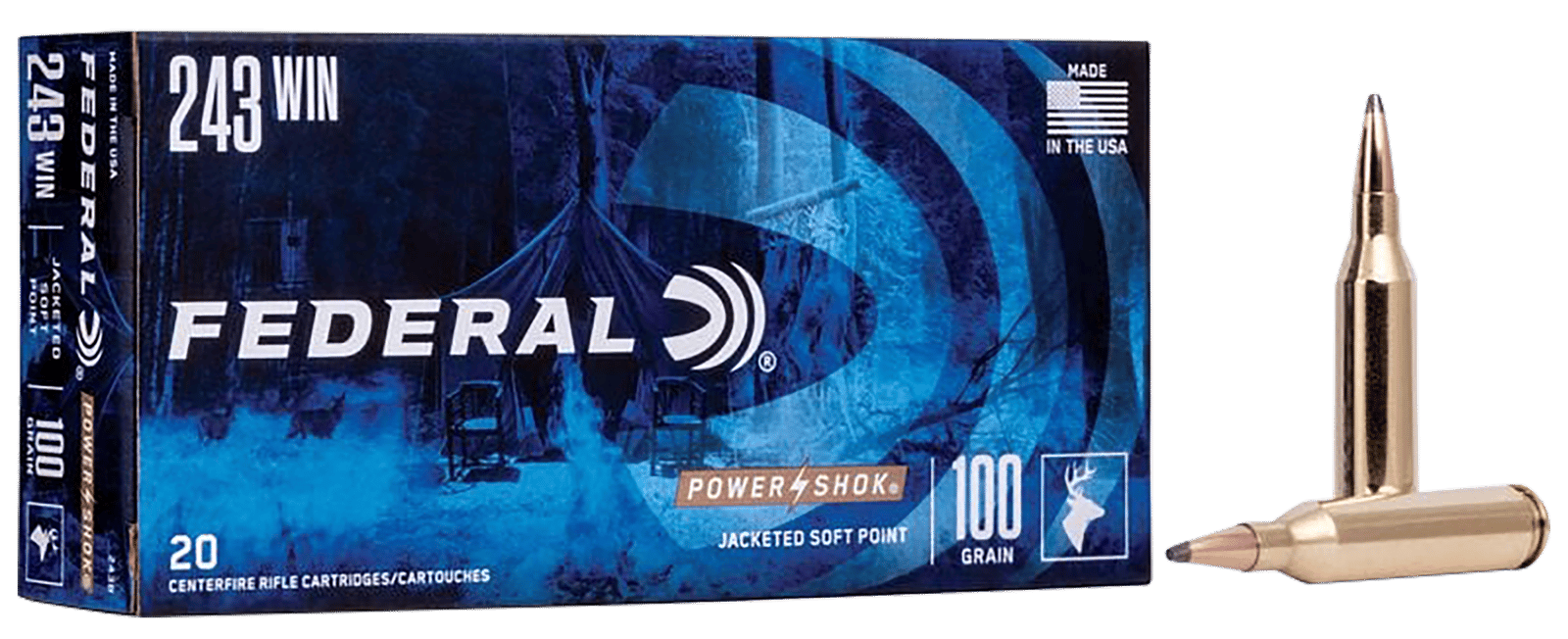 Federal 243B Power-Shok  243Win 100gr Jacketed Soft Point 20 Per Box/10 Case