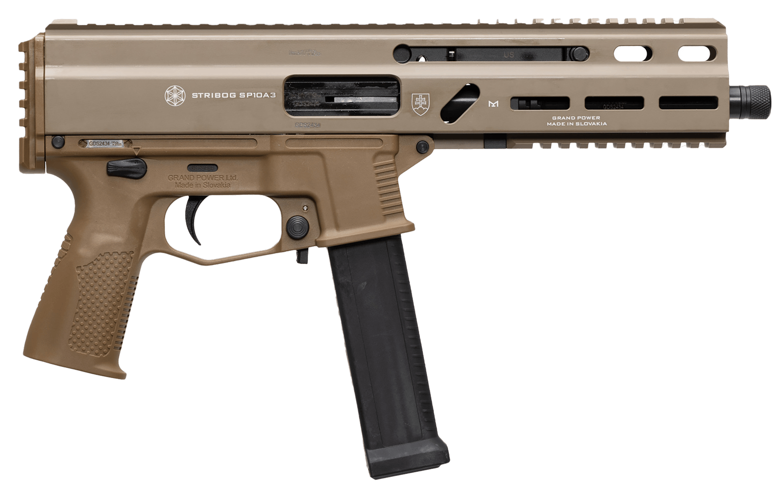 Grand Power 197892004800 SP10A3 Stribog 10mm Auto 20+1 8" Black Threaded Barrel, Flat Dark Earth Aluminum Picatinny Rail Receiver, FDE Polymer Grip, Thread Protector