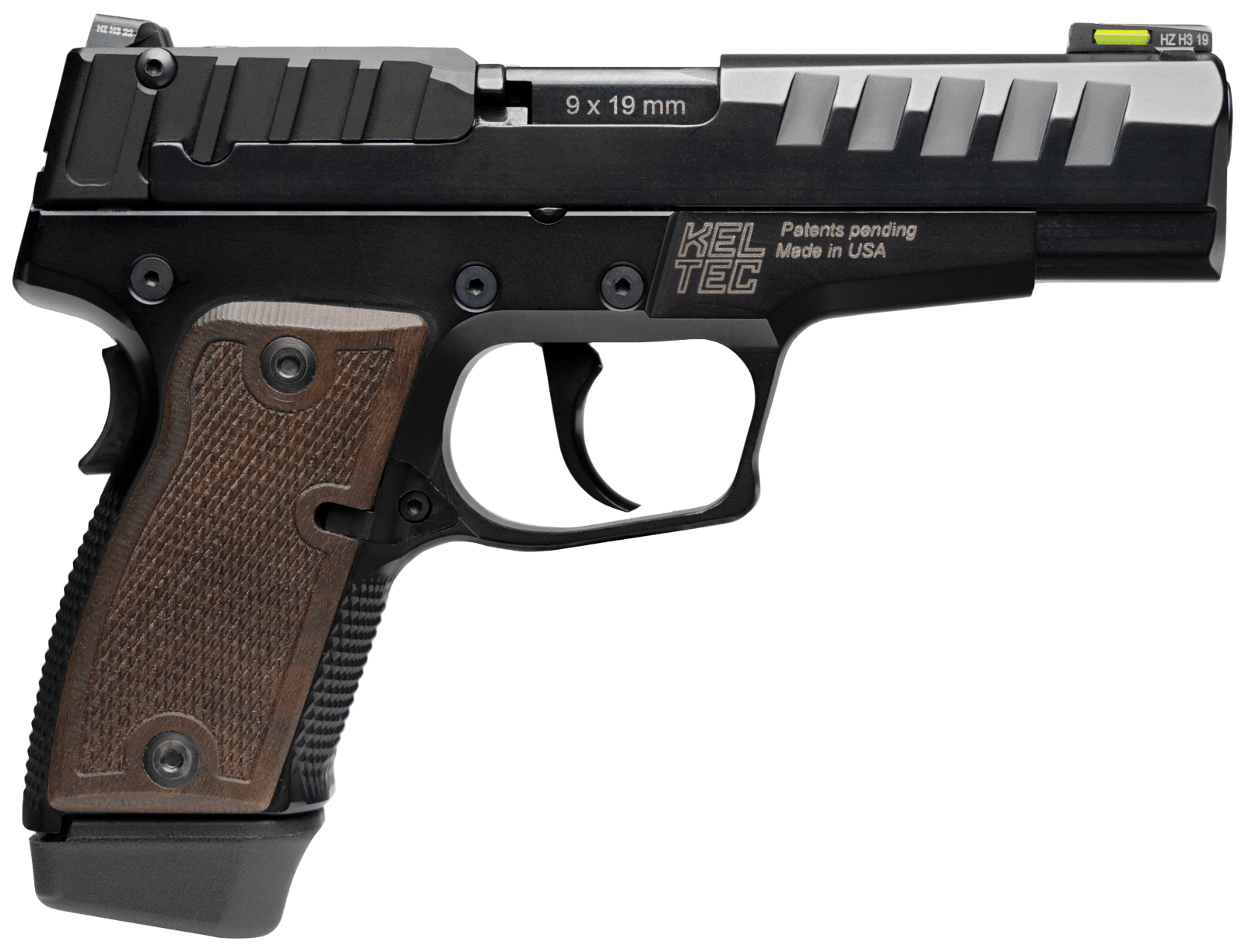 Kel-Tec P15MBLK P15  9mm Luger 15+1 4" Black Steel Barrel, Black Nitride Serrated Steel Slide, Black Anodized Aluminum Frame, American Walnut Grip, Ambidextrous