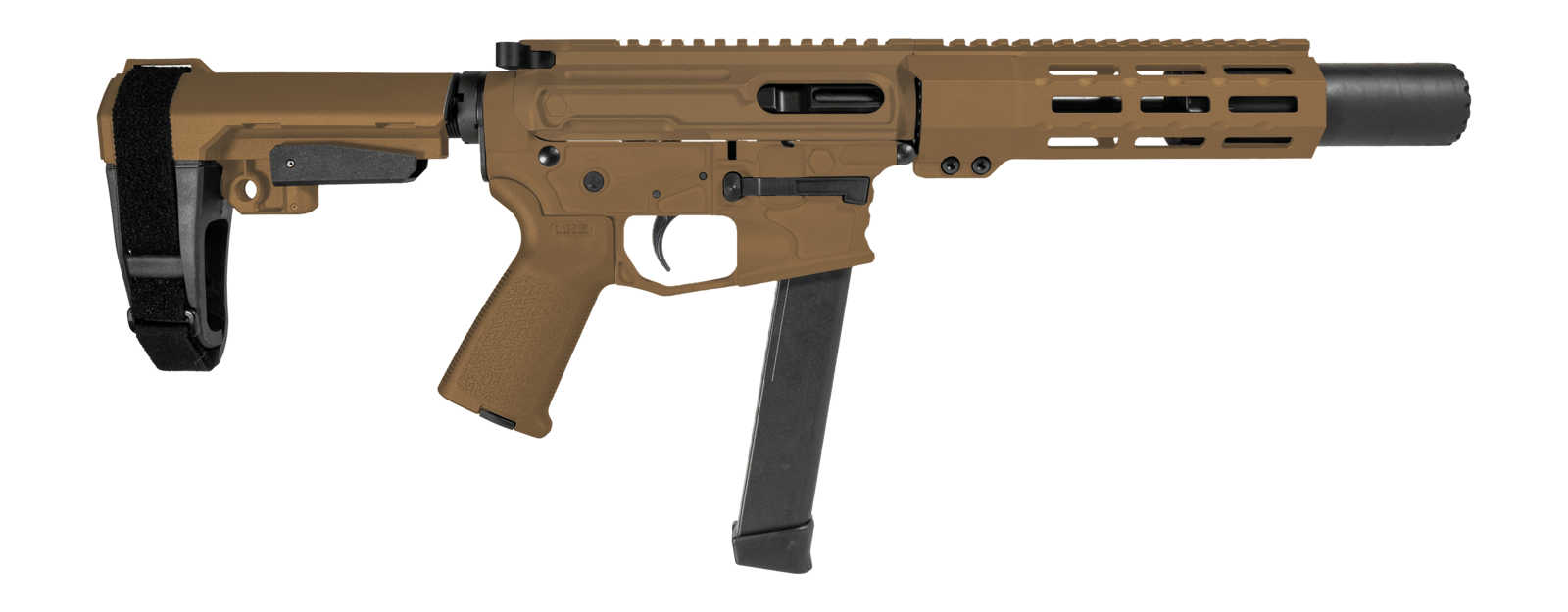 Shark Coast Tactical SCC06735SPFDE9 Sneeky Pete 9mm Luger 30+1 5.50" Black Melonite Threaded Barrel, Flat Dark Earth Cerakote Receiver, SB Tactical SBA3 Brace
