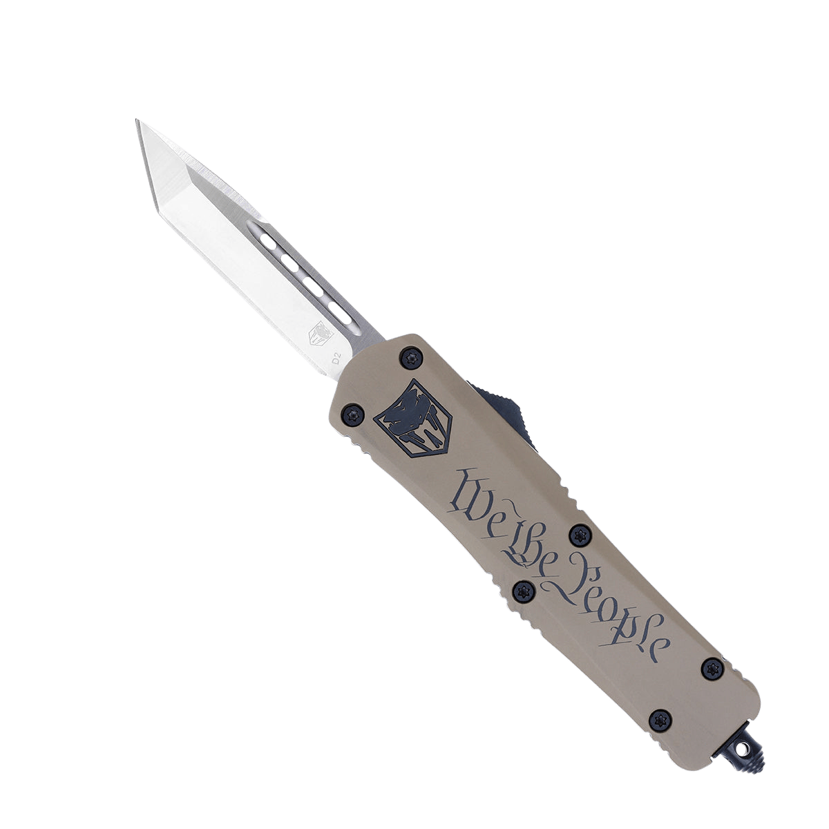 CobraTec Knives MWTPFS3TNS FS-3 We The People Medium 3" OTF Tanto Plain D2 Steel Blade Tan w/"We The People" Aluminum Cerakoted Handle Features Glass Breaker Includes Pocket Clip