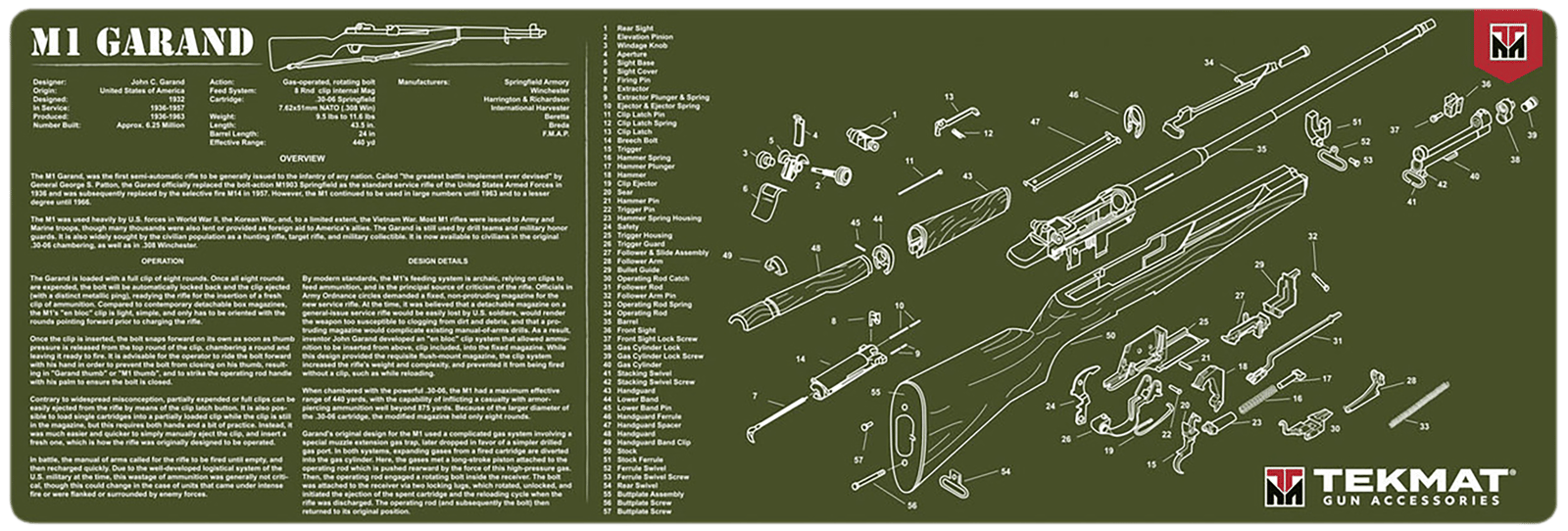 TekMat TEKR36M1GARAND-OD M1 Garand Cleaning Mat OD Green Rubber 12"x36" M1 Garand Parts Diagram
