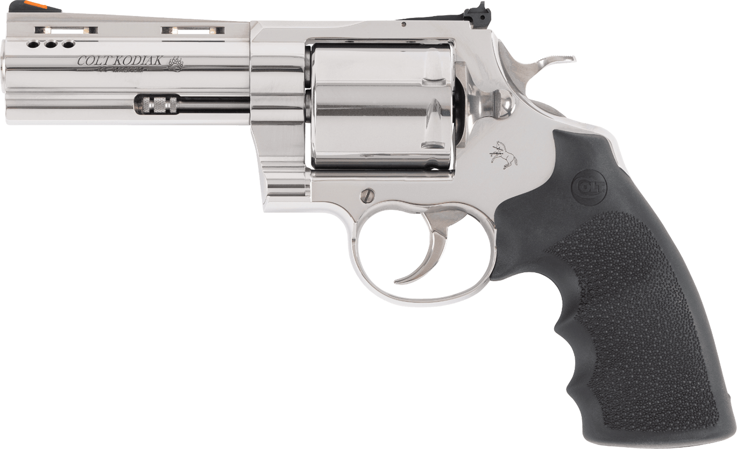 Colt Mfg KODIAKSP4RTS Kodiak  44 Mag 6rd 4.25" Polished Ported Vent Rib Barrel & Cylinder, Recessed Target Crown Muzzle, Polished Stainless Steel Frame, Black Hogue Overmolded Grip, Exposed Hammer