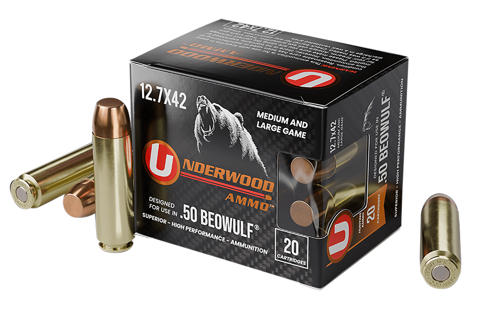 Underwood Ammo 557Underwood Ammo 557 50Beowulf 350gr Full Metal Jacket Flat Nose 20 Per Box/10 Case