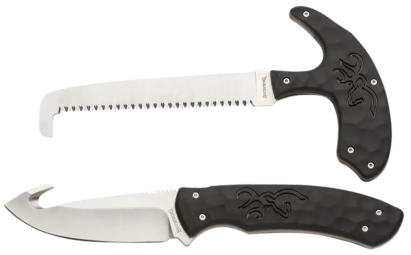 Browning 3220420 Primal Combo  3.75"/5.25" Fixed Drop Point Gut Hook/Skinner, Saw 8Cr13MoV SS Blade, Black Polymer w/Rubber Overmold & Finger Grooves Handle, 2 Piece Set, Includes Sheath