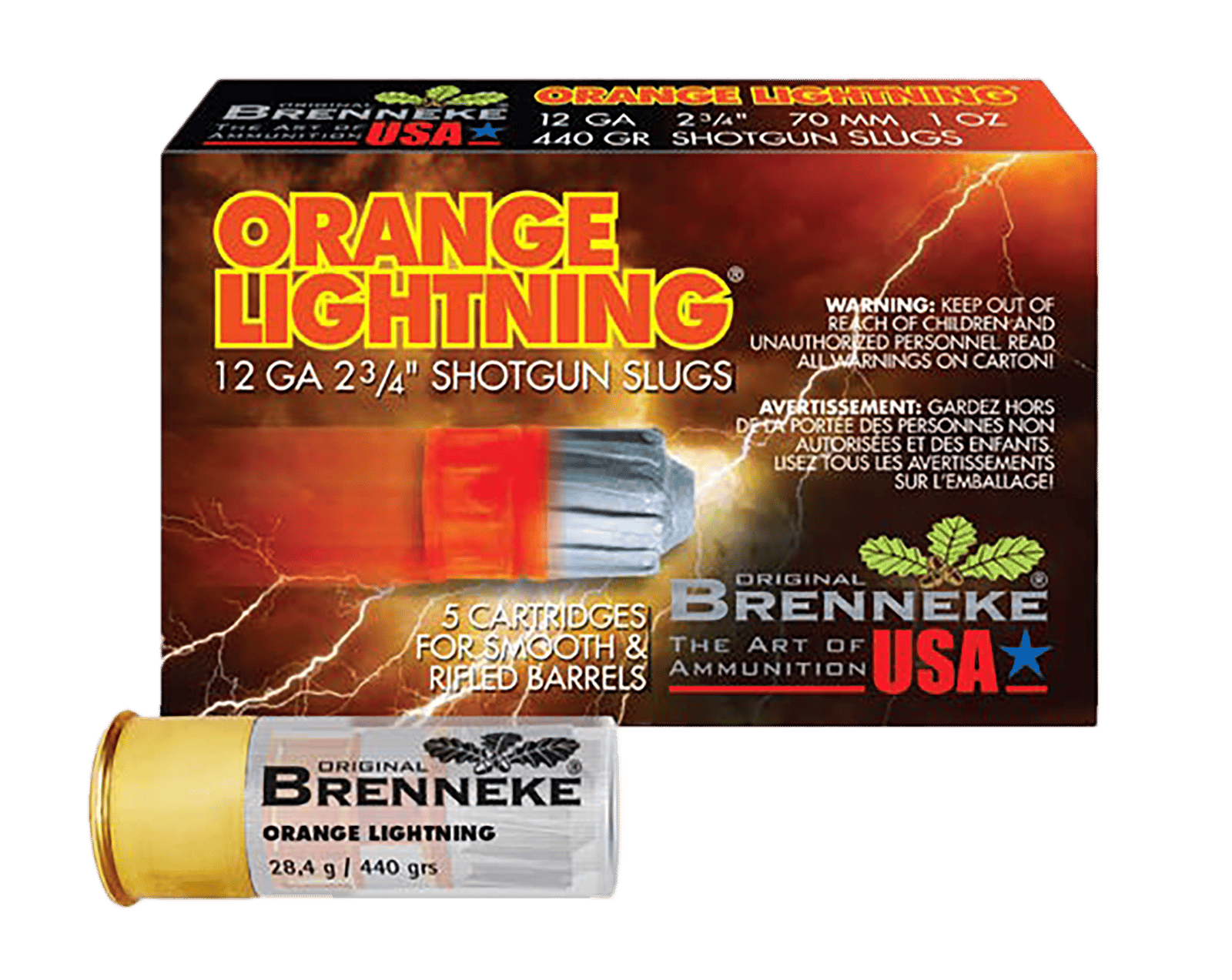 Brenneke SL122OL Orange Lightning  12Gauge 2.75" 1oz Slug Shot 5 Per Box/50 Case