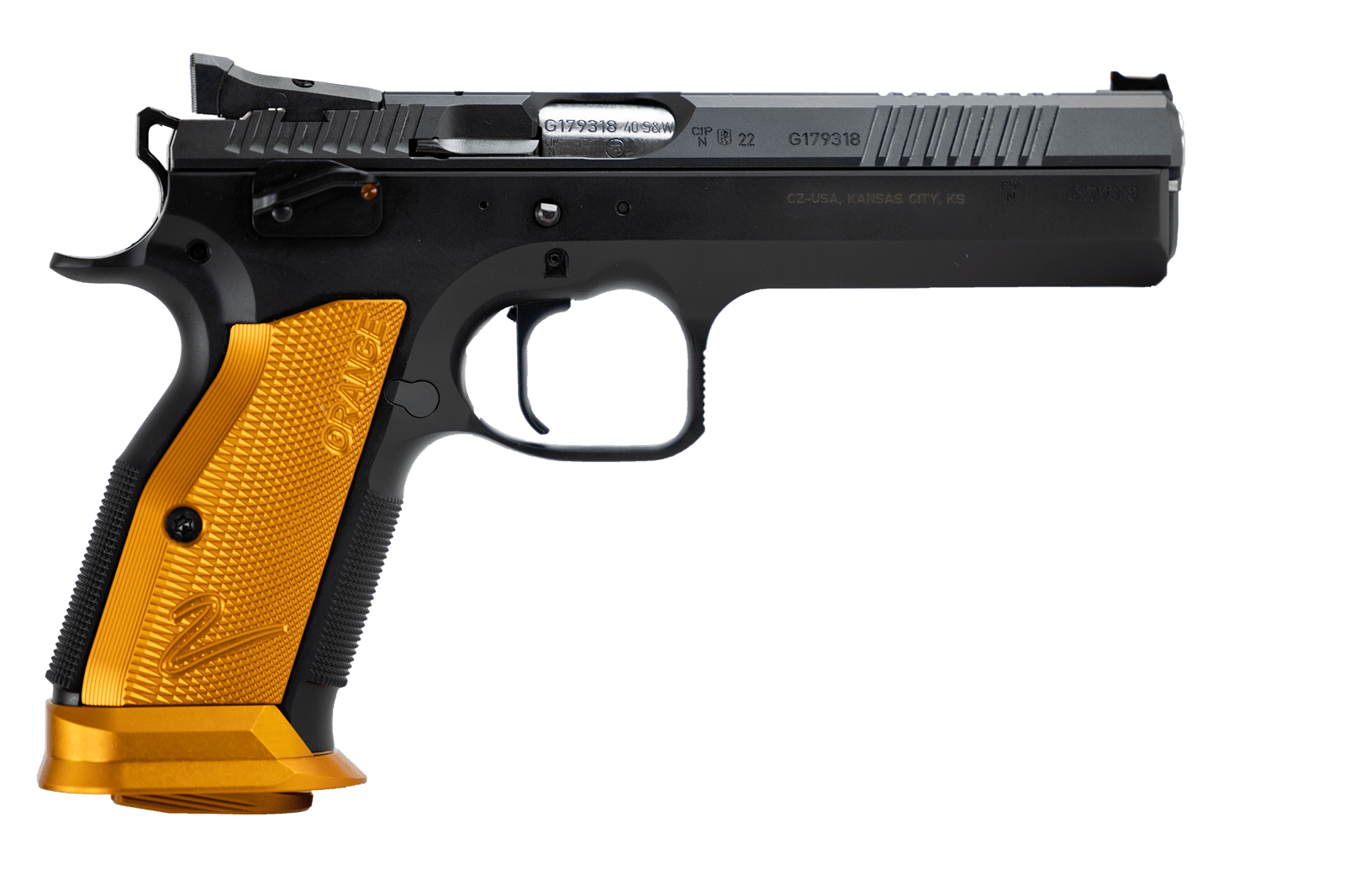 CZ-USA 91265 TS2  40 S&W 17+1 5.20" Black Bull Barrel, Black Slide, Black Polycoat Frame, Orange Checkered Aluminum Grip