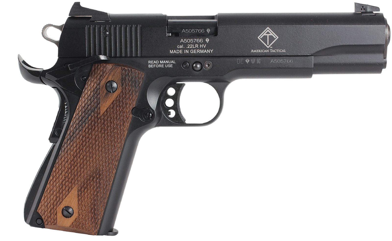 GSG GSG2210M1911CA 1911 *CA Compliant 22 LR 10+1 5" All Black Anodized Steel Barrel, Serrated Slide, Zinc Alloy w/Beavertail Frame, Double Diamond Walnut Grip