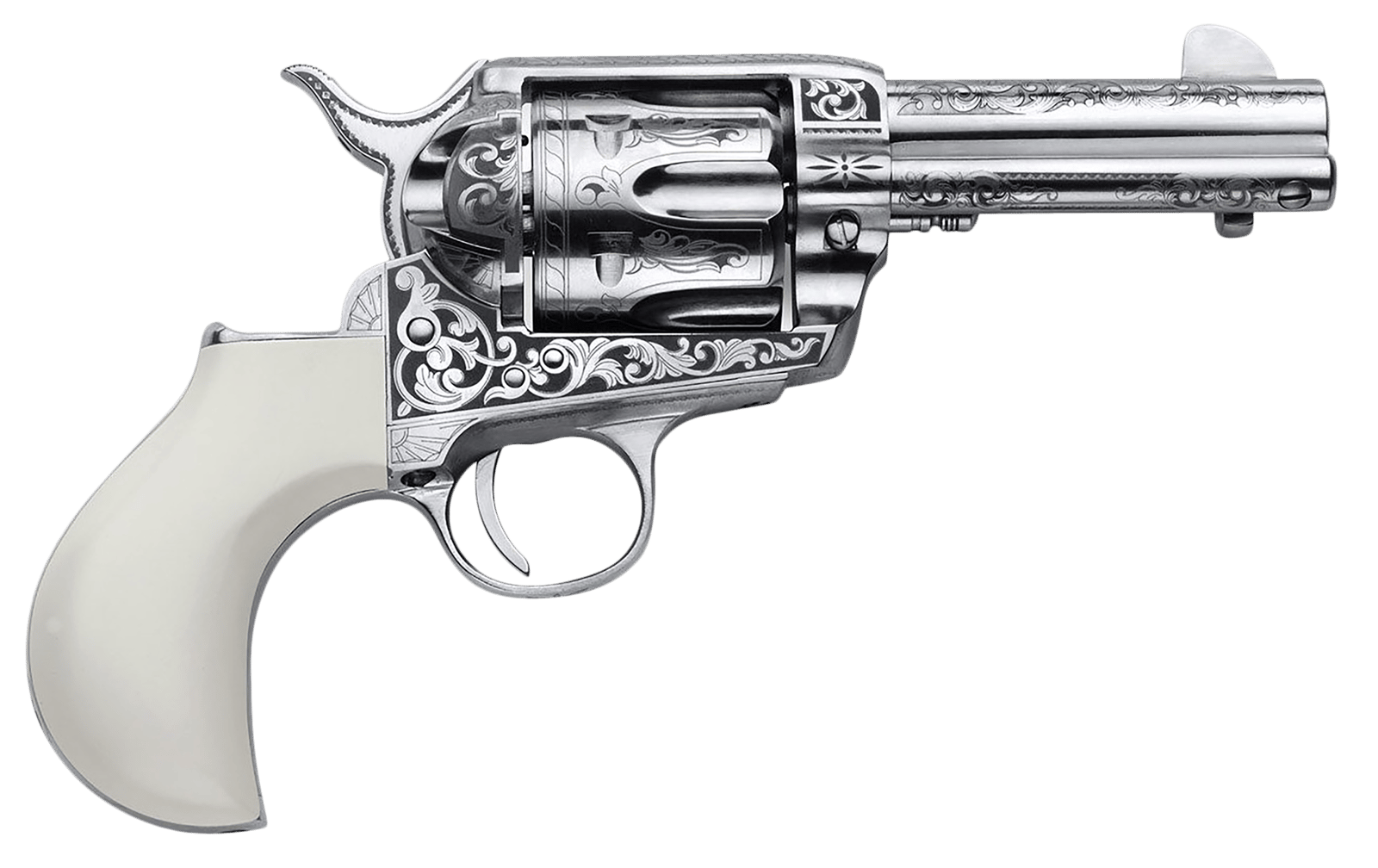 Cimarron PP346HUCKENG Huckleberry  45 Colt (LC) 6 Shot, 3.50" Nickel Engraved Barrel, Cylinder & Frame, Poly-Ivory w/"Huckleberry" Engraved On The Backstrap Grip