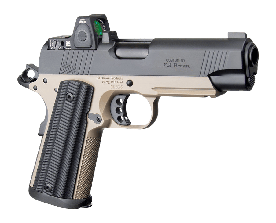 Ed Brown  Special Forces Commander SOCOM w/Optic 45 ACP 7+1 4.25" Black Nitride Barrel, Black Gen4 Stainless Steel Serrated w/Optic Slide, Flat Dark Earth Gen4 Stainless Steel Frame w/Accessory Rail,