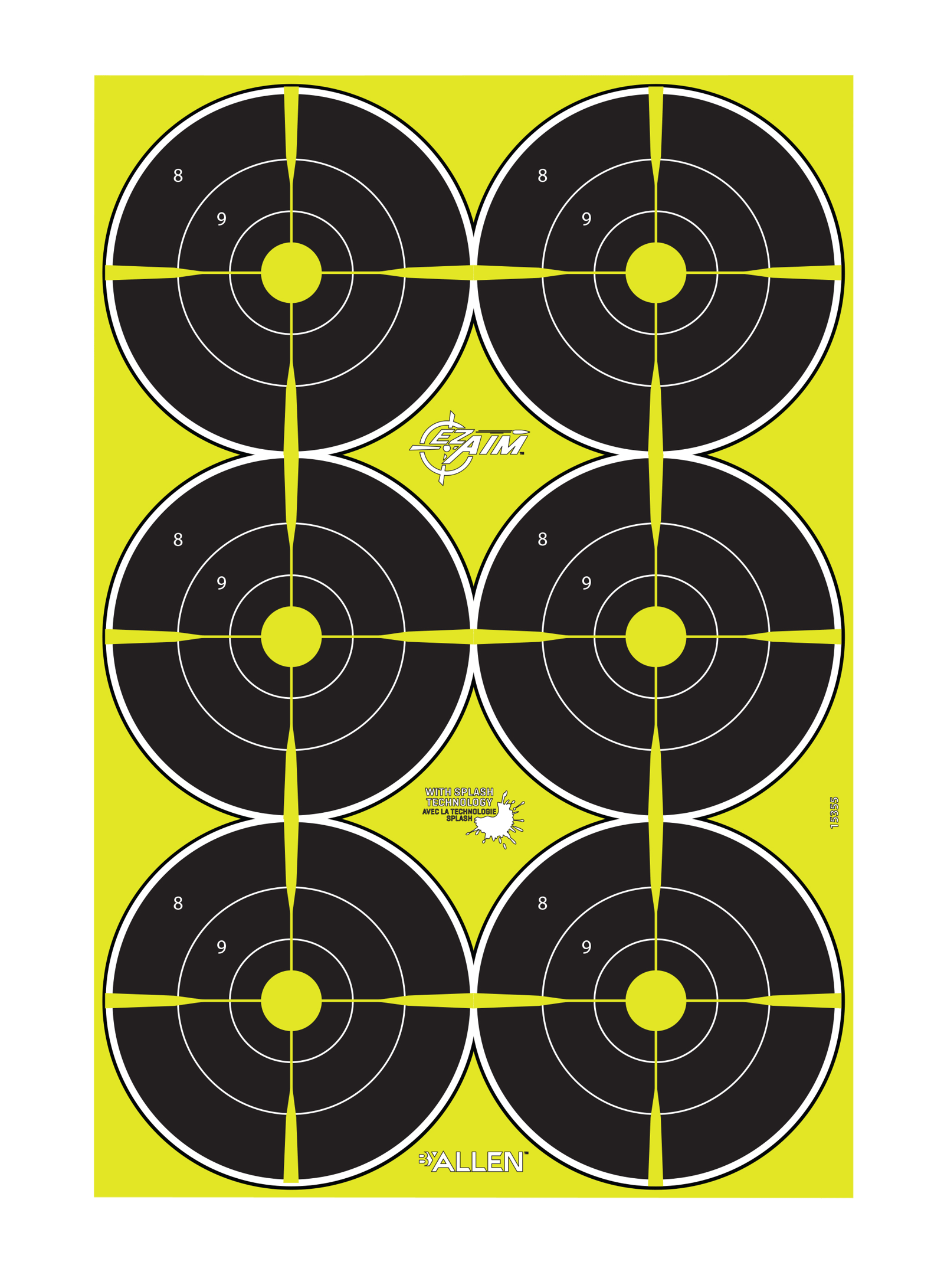 EZ-Aim 15355 Splash Reactive  Bullseye Hanging Paper 12" x 18" Black/Yellow Yellow 8 Pack