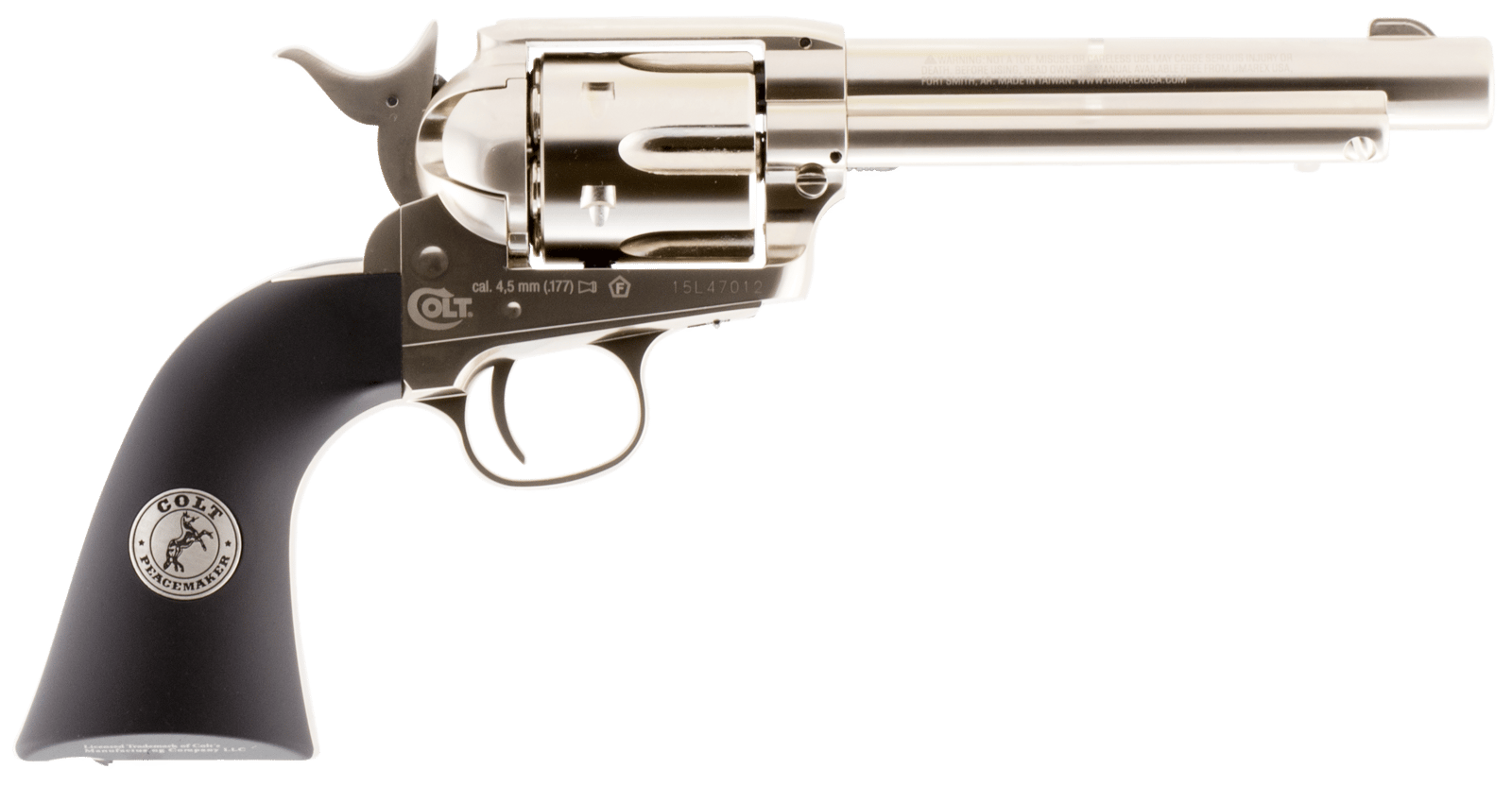 Umarex 2254051 Colt Peacemaker CO2 Pistol 177 Pellet 6rd Single Action, Nickel Frame, CO2 Housed In Black Polymer Grip