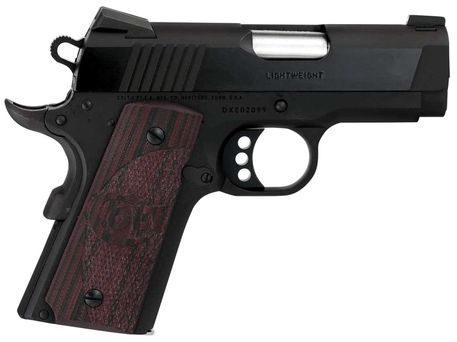 Colt Mfg O7800XE Defender  Compact 45 ACP 7+1 3" Black Steel Barrel, Blued Serrated Slide, Matte Black Cerakote Aluminum Frame w/Beavertail, Black Cherry Tactical G10 Grips, Ambidextrous