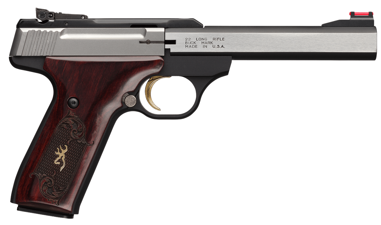 Browning 051543490 Buck Mark Medallion 22 LR 10+1 5.50" Blackened SS Slab Side Barrel, Stainless Steel Serrated SS Slide, Matte Black Aluminum Frame, Checkered Rosewood w/Gold BuckMark Inlay Grip
