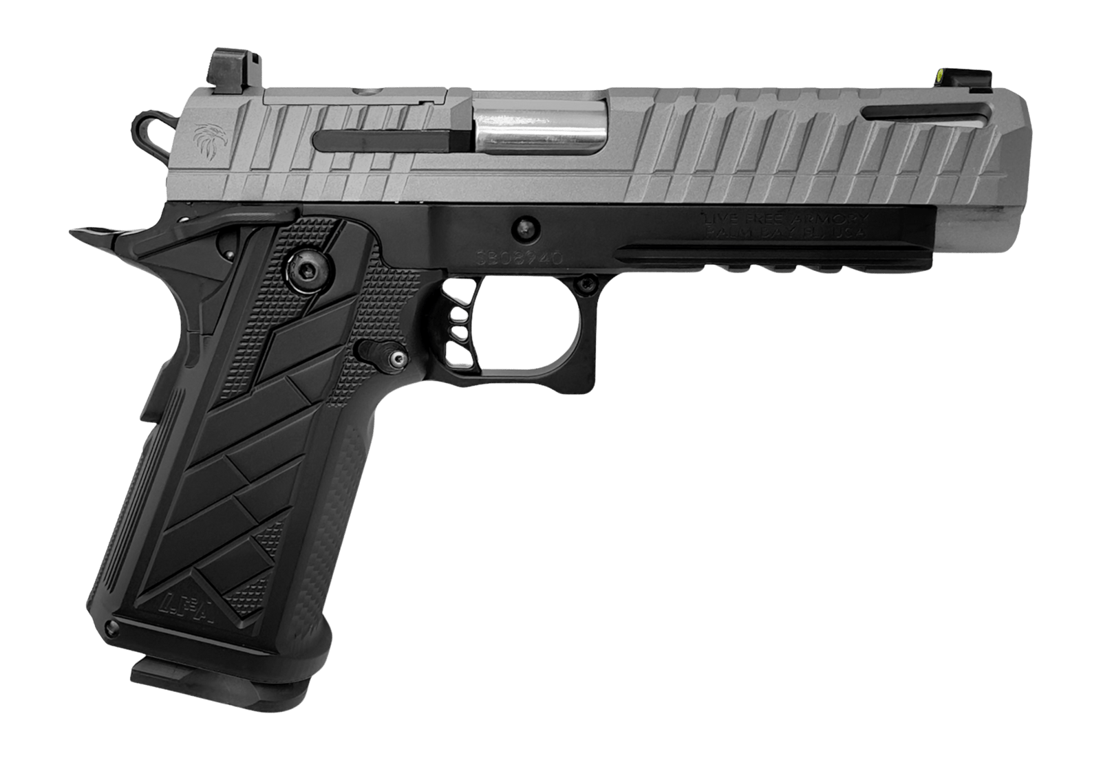 Live Free Armory HG8641-N Apollo 11 V2 Full Size Frame 9mm Luger 18+1 4.90" Stainless Barrel, Gray Cerakote Steel Optic Cut/Serrated Slide, Black Cerakote Steel Frame w/Beavertail & Picatinny Rail, Bl