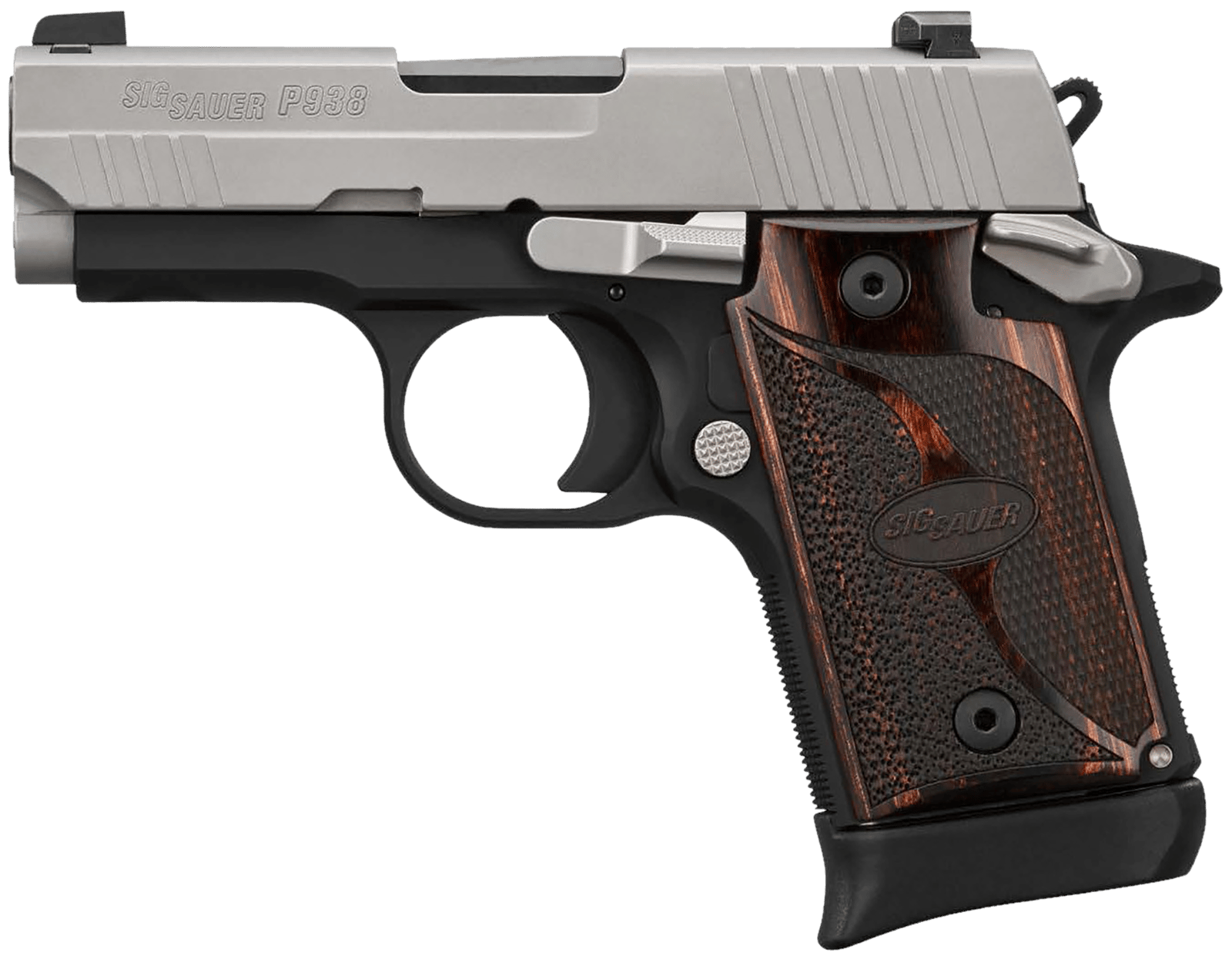 Sig Sauer 9389TXR3AMBI P938  Micro-Compact Frame 9mm Luger 6+1/7+1 3" Black Steel Barrel, Bead Blast Serrated Stainless Steel Slide, Black Anodized Aluminum Frame w/Beavertail, Rosewood Hogue Grip