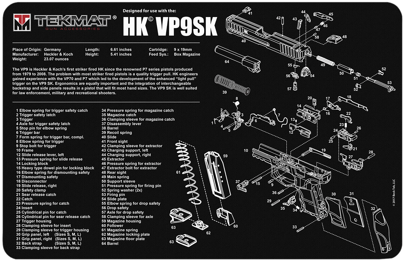 TekMat TEKR17HKVP9SK HK VP9SK Cleaning Mat Black/White Rubber 11"x17" HK VP9SK Parts Diagram