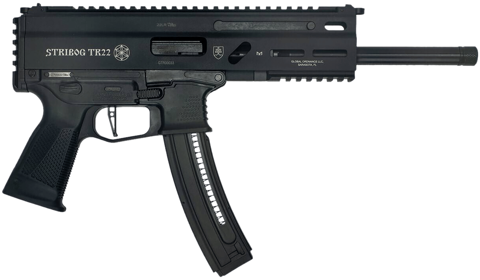 Grand Power 8588005808606 TR22 Stribog 22 LR 25+1 10" Black Threaded Barrel, Black Hardcoat Anodize Receiver w/Picatinny Rail, Black Polymer Grip, Ambidextrous