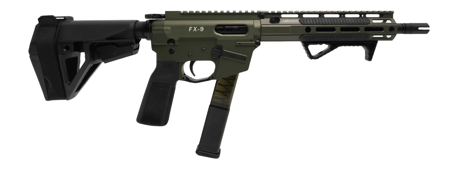 Freedom Ordance FX9P10E-ODG FX9P Elite 9mm Luger 10" Black Nitride Threaded Barrel, OD Green Anodized Aluminum Receiver w/Picatinny Rail, M-LOK Handguard, Black Polymer SB Tactical SBA5 Brace, Black P