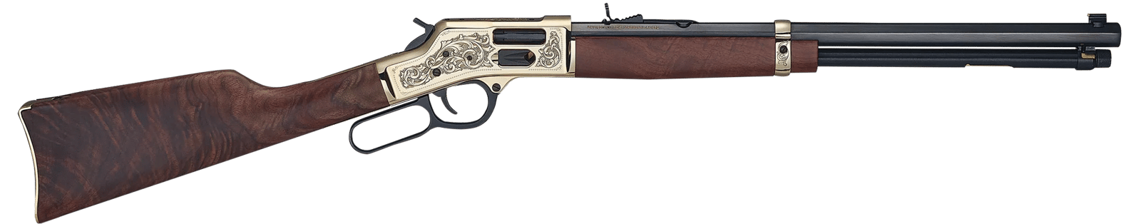 Henry H006GMD Side Gate Deluxe 357 Mag/38 Special 10+1 20" Blued Octagon Barrel, Engraved Polished Brass Rec, Semi-Fancy American Walnut Stock, Adj. Sight