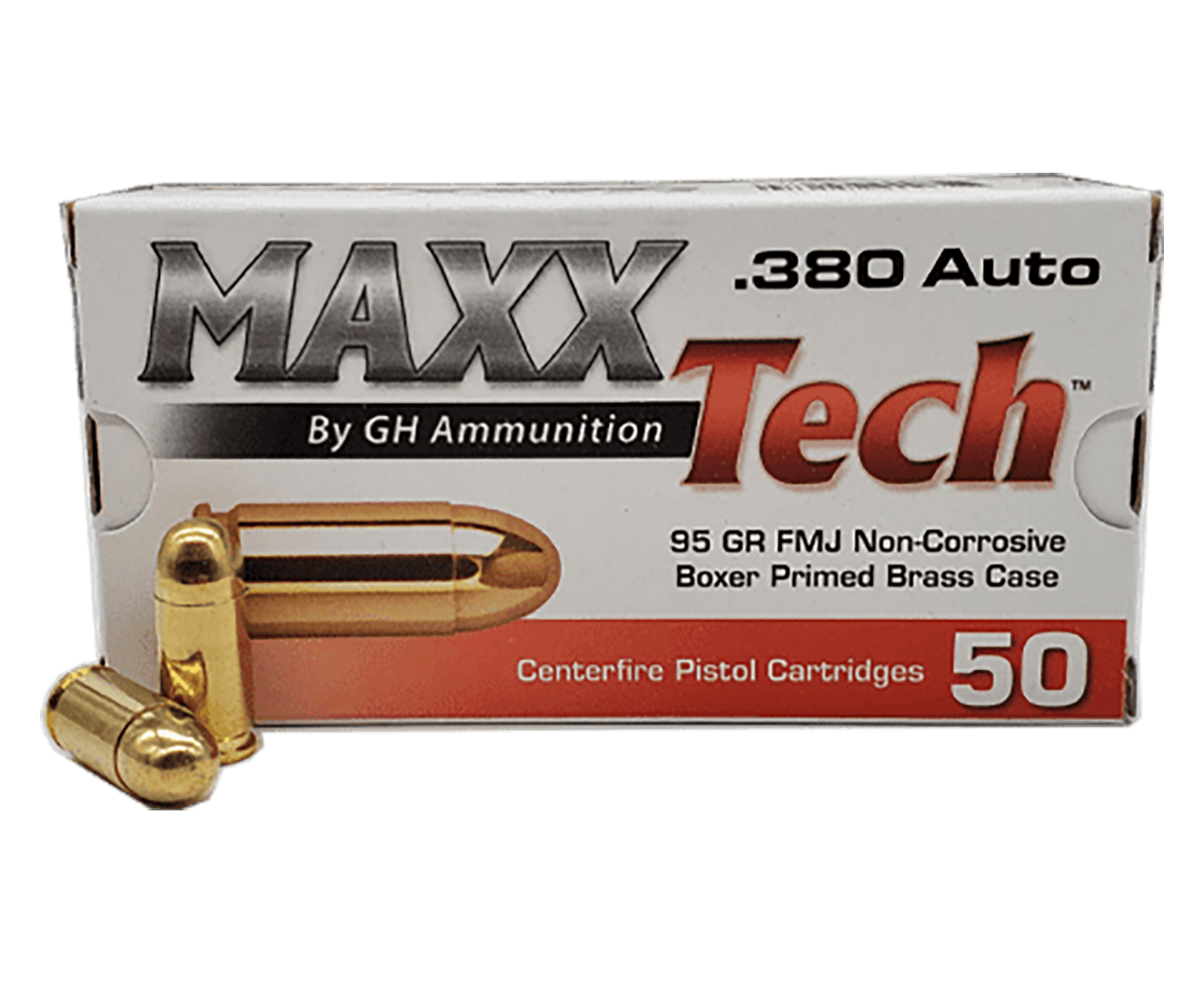 MaxxTech PTGB380B Brass Pistol  380ACP 95gr Full Metal Jacket 50 Per Box/20 Case