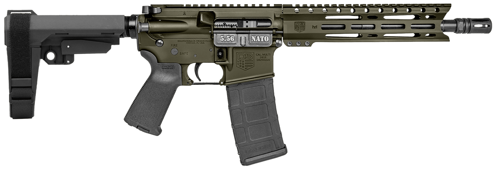 Diamondback DB1916K101 DB15  5.56 NATO 30+1 10" Black Nitride Heavy Threaded Barrel, OD Green Cerakote Picatinny Rail Aluminum Receiver, 9" M-LOK Handguard SB Tactical Brace & Black Magpul MOE Grip
