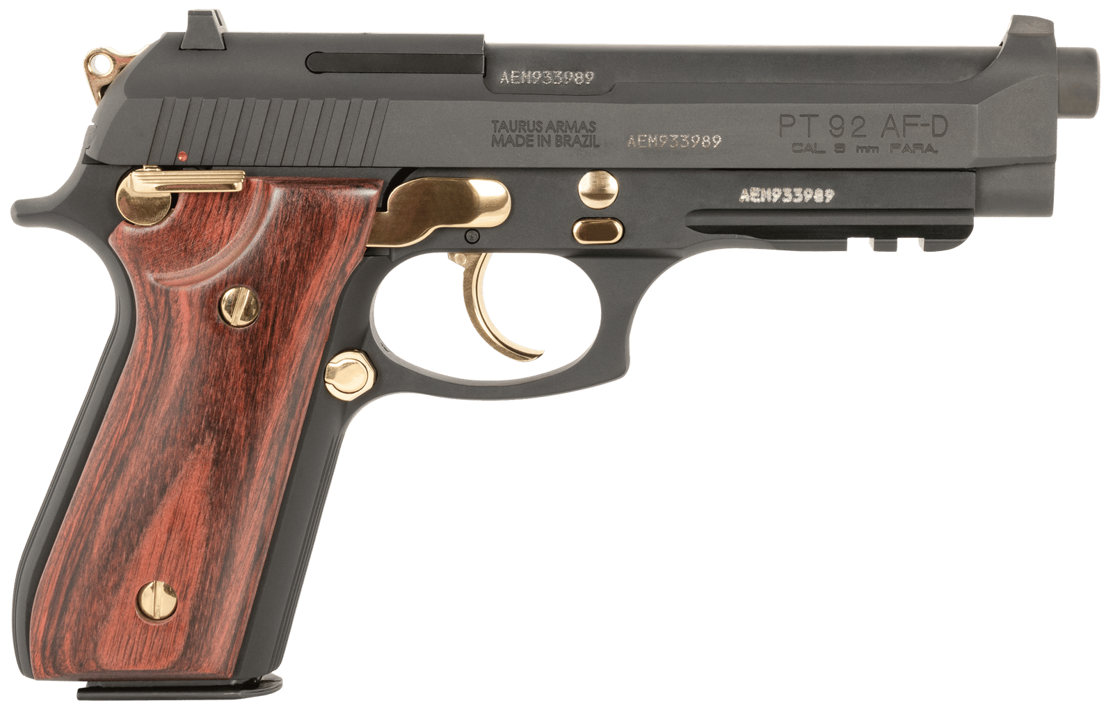 Taurus 1-920151GLD-HW1 92  Full Size Frame 9mm 17+1 5" Matte Black Stainless Steel Barrel, Matte Black Serrated Alloy Steel Slide, Matte Black w/Gold Accents Aluminum Frame w/Picatinny Rail, Wood Grip