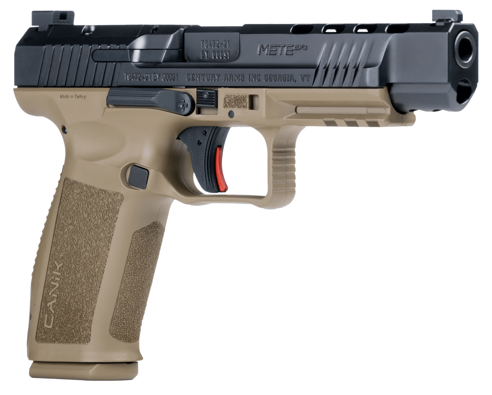 Canik HG5635N Mete SFx Full Size Frame 9mm Luger 20+1/18+1, 5.20" Black Match Grade Barrel Black Nitride Serrated Steel Slide, Flat Dark Earth Polymer Frame w/Picatinny Rail, Ambidextrous