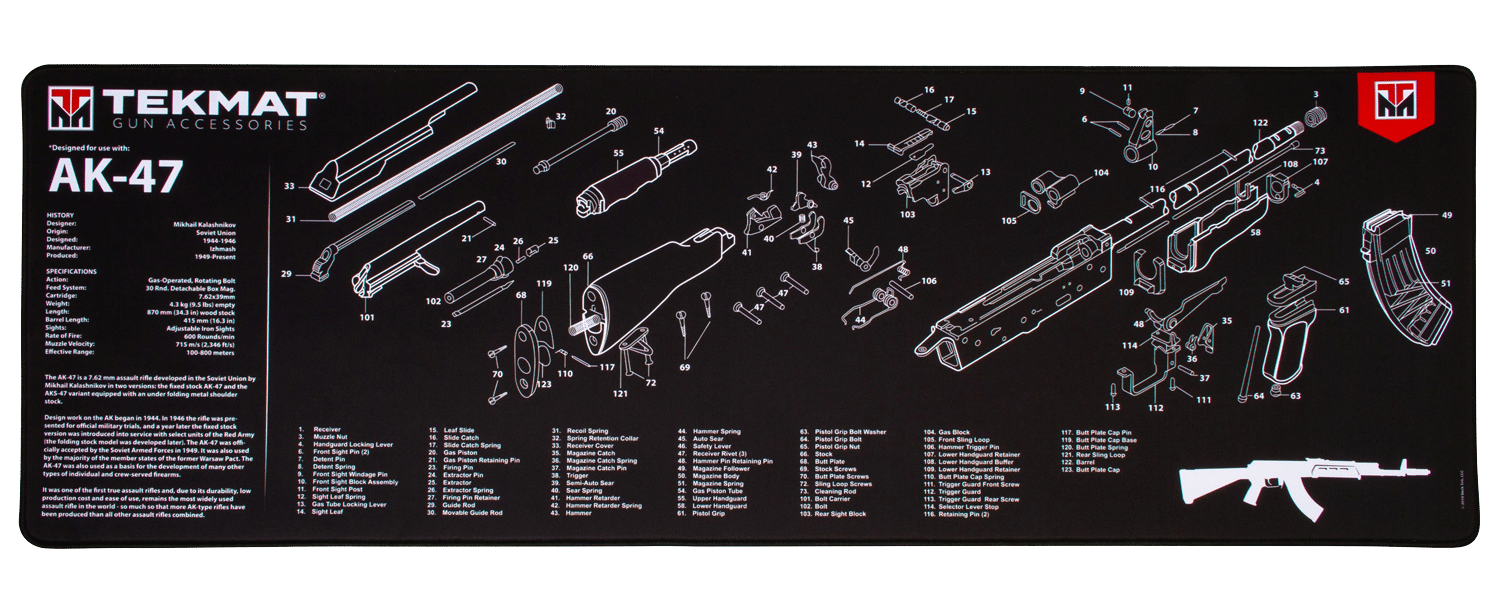 TekMat TEKR44AK47 AK-47 Ultra 44 Cleaning Mat Black/White Rubber 15"x44" AK-47 Parts Diagram