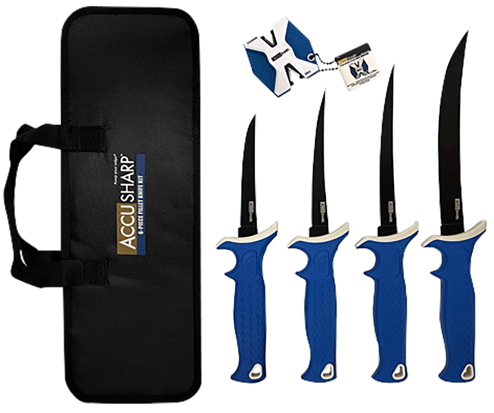 AccuSharp 737C Knife Kit  4.75/5.50/6.50/8" Fixed Fillet Plain Satin Stainless Steel Blade/ Blue Non-Slip Grip TPR Handle Includes 2-Step Sharpener