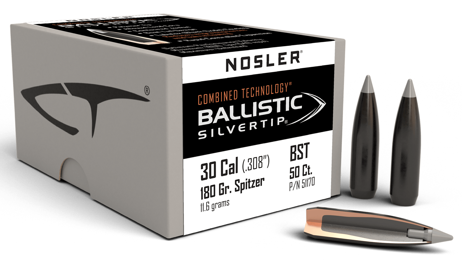 Nosler 51170 Ballistic Silvertip  30Cal 180gr Spitzer Point 50/Box