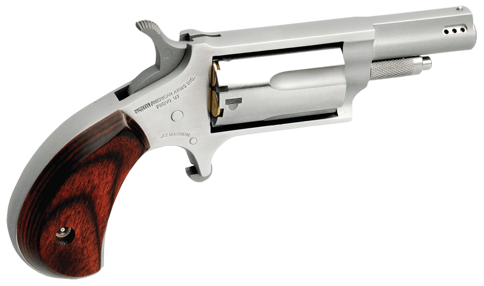 North American Arms 22MP Mini-Revolver  22 WMR 5 Shot 1.63" Stainless Steel Ported Barrel, Stainless Steel Frame & Cylinder, Rosewood Birdshead Grip, Exposed Hammer