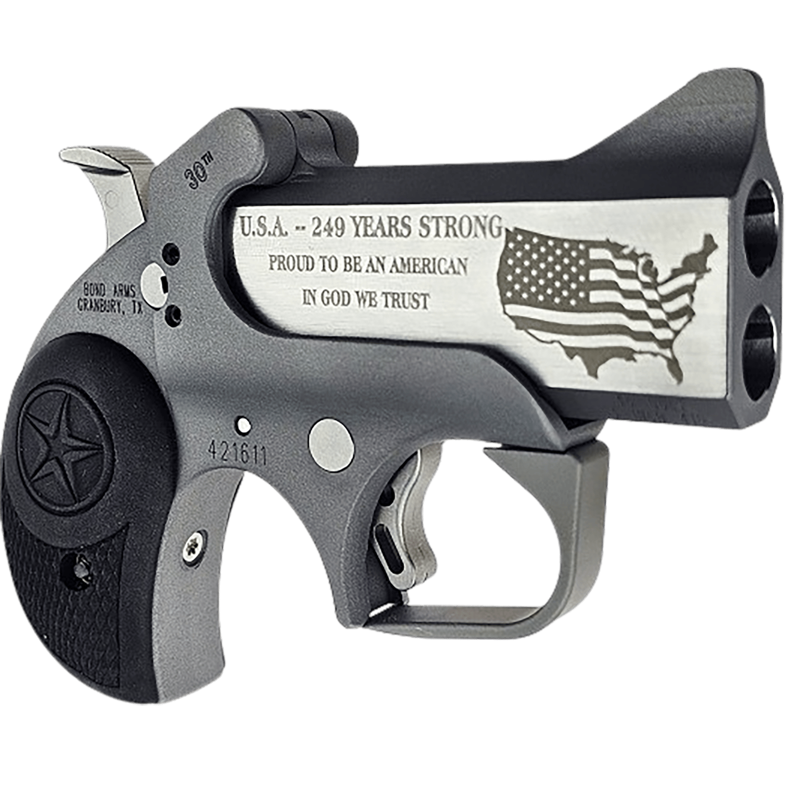 Bond Arms BA30TH-45LC/410 30th Anniversary Rough Series 45 Colt/410 Gauge 2 Shot 3" Engraved Matte Double Barrel Rough Matte Stainless Steel Frame Black Rubber Grips Right Hand