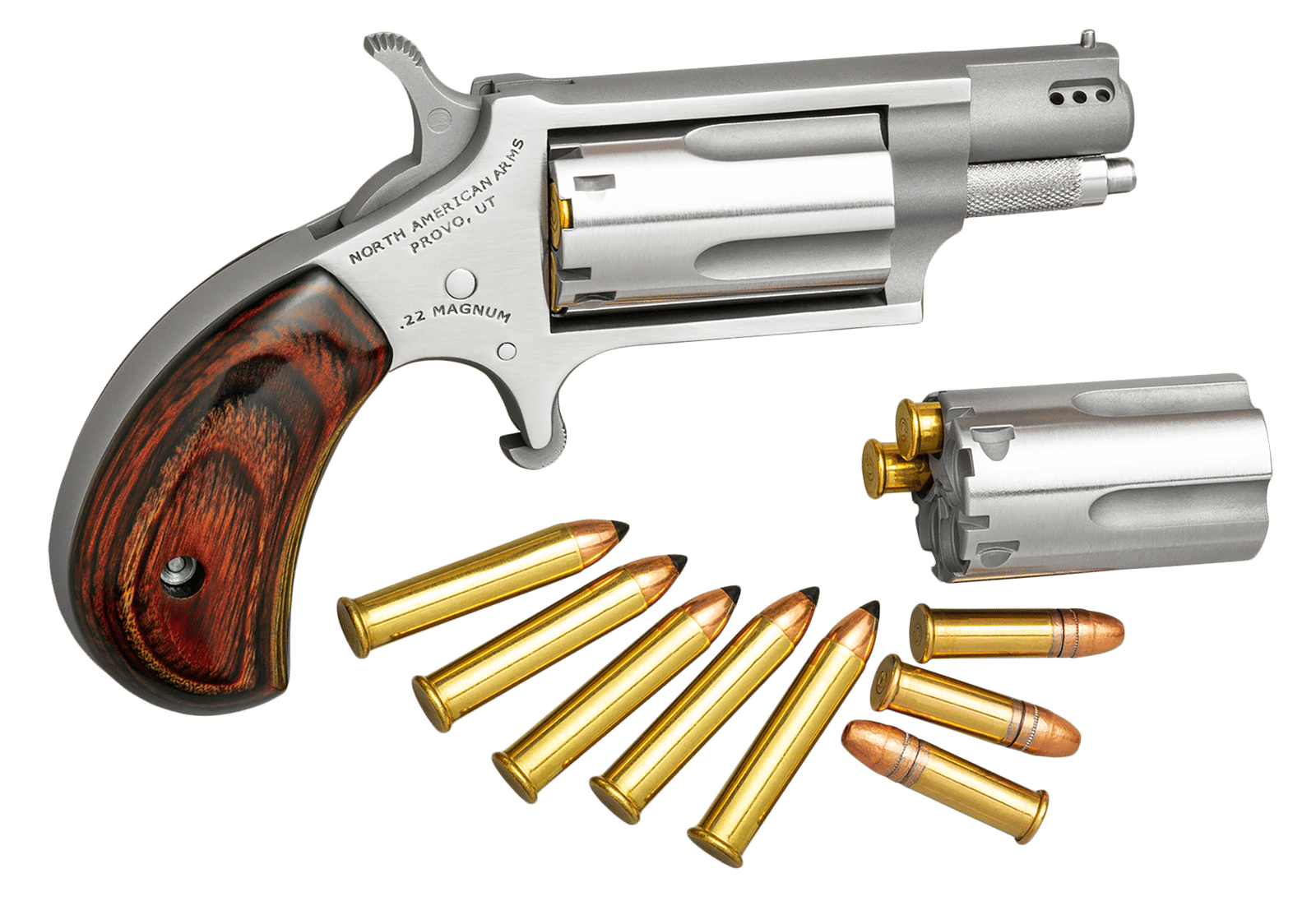 North American Arms 22MSCP Mini-Revolver Combo 22 LR/22 WMR 5 Shot 1.63" Stainless Steel Ported Barrel, Stainless Steel Frame & Cylinder, Rosewood Birdshead Grip, Exposed Hammer