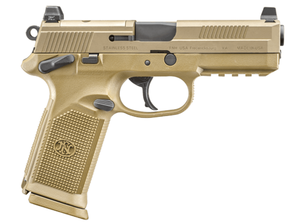 FN 66100223 FNX Tactical 45 ACP 10+1 4.50" Black Steel Barrel, Flat Dark Earth Optic Cut/Serrated Steel Slide & Polymer Frame w/Picatinny Rail, FDE Interchangeable Backstrap Grip, Ambidextrous