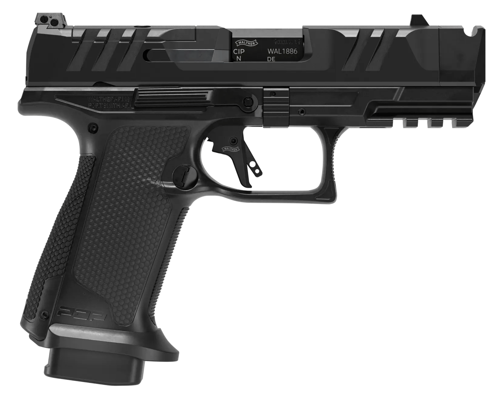 Walther Arms 4797050 PDP Pro X Sub-Compact Frame 9mm Luger 10+1 3.75" Black Barrel, Black Optic Ready/Serrated Slide, Black Polymer Frame w/Picatinny Rail, Black Textured Grip