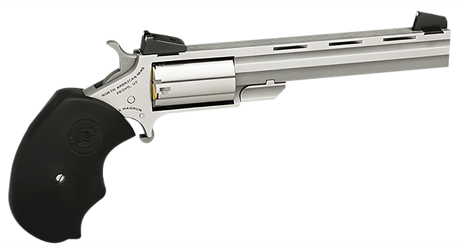 North American Arms MMTL Mini-Master *CA Compliant 22 LR 5 Shot 4" Stainless Steel Vent Rib Barrel, Stainless Steel Frame, Stainless Cylinder, Black Finger Grooved Rubber Grip, Exposed Hammer