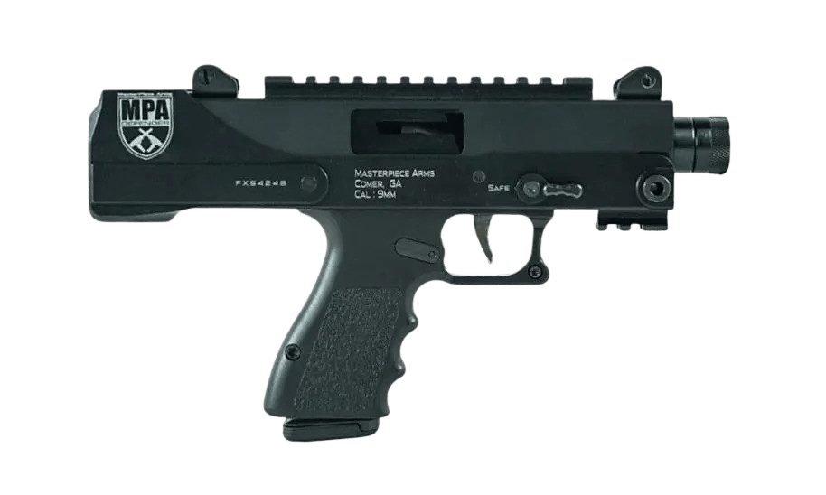 MasterPiece Arms 30DMGBLK Defender Top Cocking TB 9mm Luger Caliber with 4.50" Barrel, 17+1 Capacity, Overall Black Cerakote Finish, Black Aluminum Grip Right Hand Includes Polymer Case