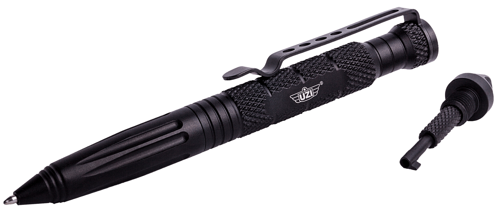 Uzi Accessories UZITACPEN6BK Tactical Pen  Black Aluminum 6" Features Glass Breaker/Cuff Key