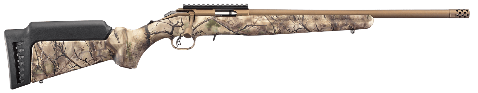 Ruger 8373 American Rimfire Full Size 22 WMR 9+1 18" Bronze Cerakote Threaded Barrel & Alloy Steel Receiver w/Picatinny Rail, Go Wild Camo I-M Brush Fixed Synthetic Stock, Right Hand