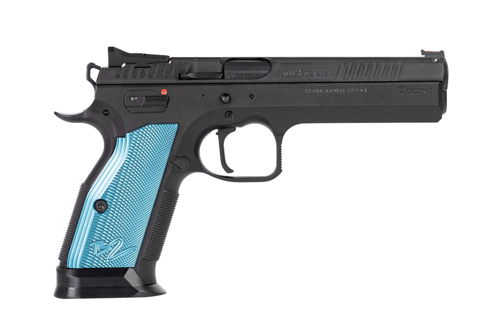 CZ-USA 91220 TS 2  9mm Luger 20+1 5.28" Blued Steel Barrel, Black Serrated Steel Slide, Black Polycoat Steel Frame w/Beavertail, Blue Checkered Aluminum Grip, Ambidextrous