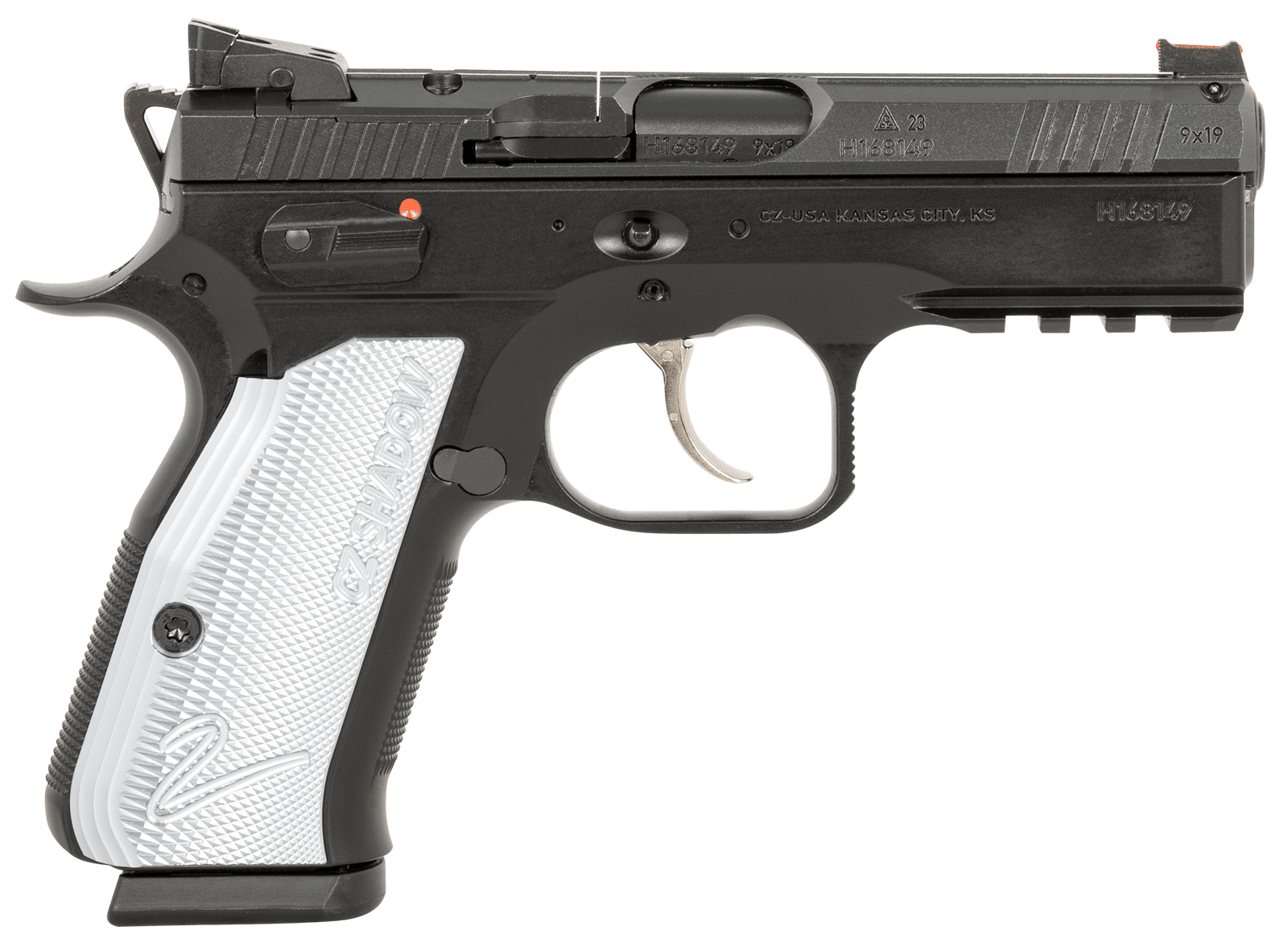 CZ-USA 91252 Shadow 2  Compact Frame 9mm Luger 15+1, 4" Black Steel Barrel, Black Nitride Serrated Steel Slide, Black Steel Frame w/Beavertail & Picatinny Rail, Ambidextrous