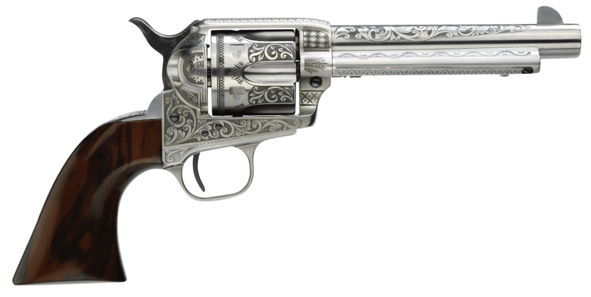 Taylors & Company 550898 1873 Cattleman 45 Colt (LC) Caliber with 5.50" Barrel, 6rd Capacity Cylinder, Overall White Photo Engraved Finish Steel & Walnut Grip