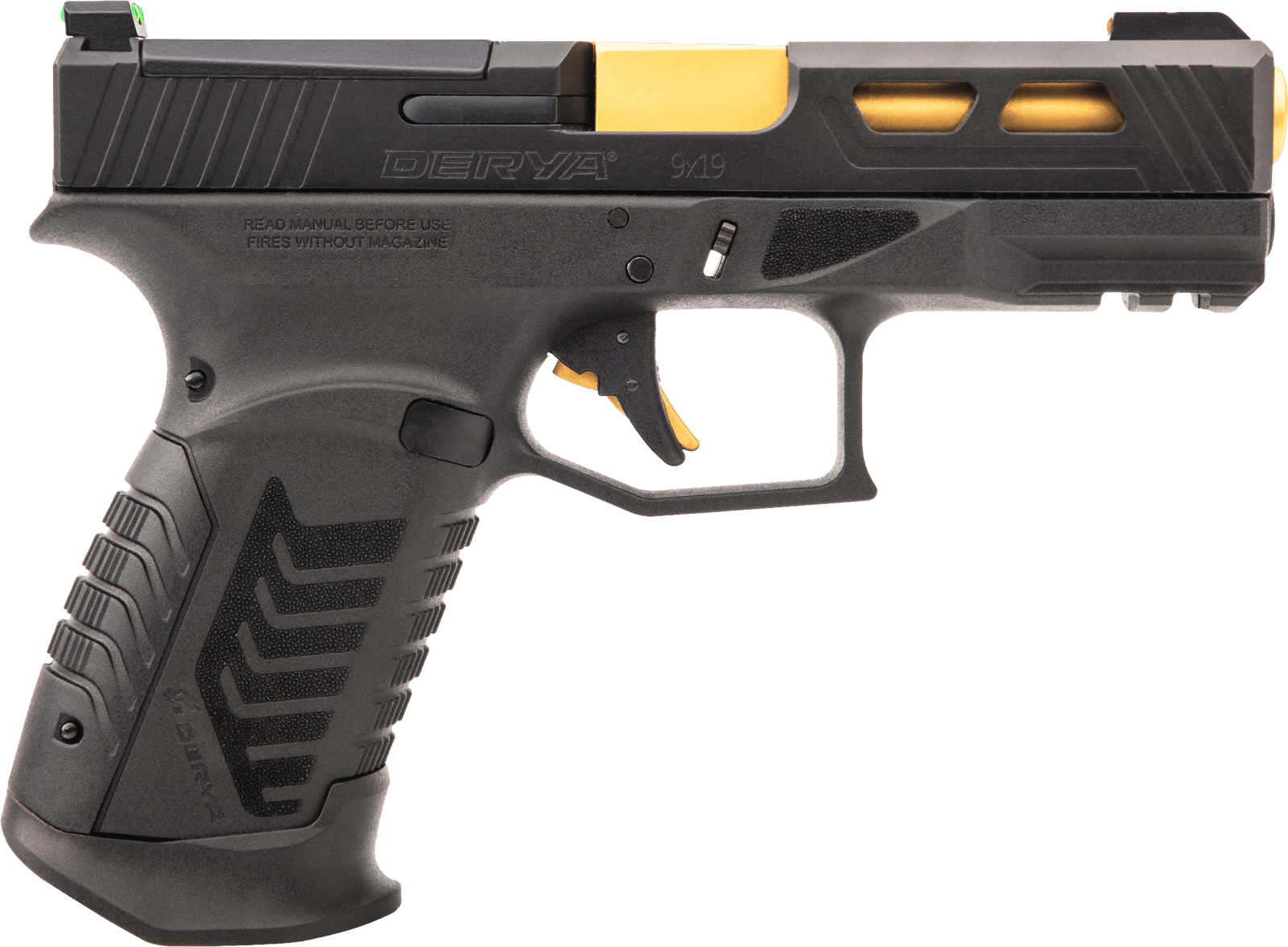 Derya Firearms DY9GUS DY9  9mm Luger 15+1 4.02" Gold TiN Steel Barrel, Black Nitride Optics Ready/Serrated Alloy Steel Slide, Black Polymer Frame w/Accessory Rail, Black Interchangeable Backstrap Grip