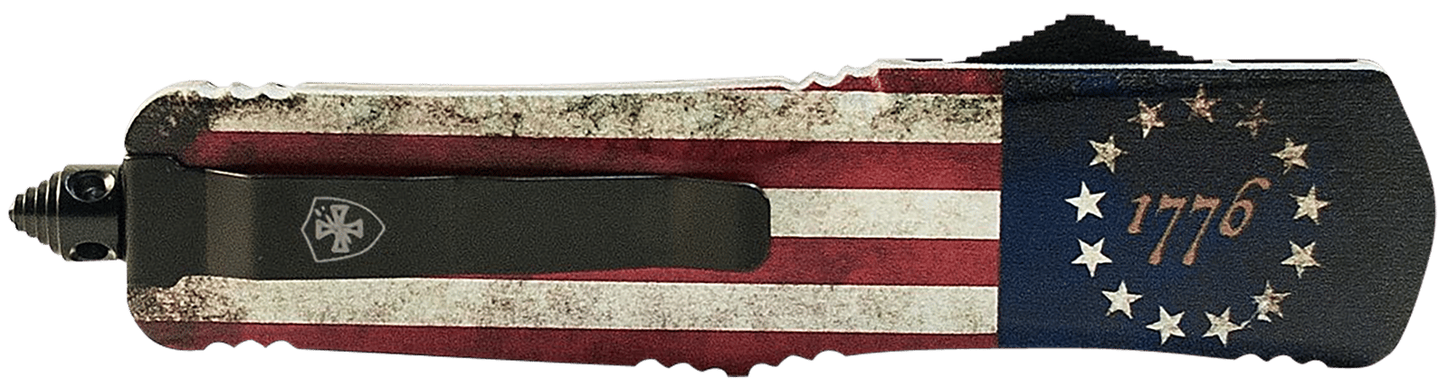 Templar Knife SBRF331 Gen II Betsy Ross Flag Small 2.69" OTF Drop Point Plain Black Oxide Stonewashed Black 440C SS Blade, 4.31" Betsy Ross Flag Aluminum Handle Glass Breaker