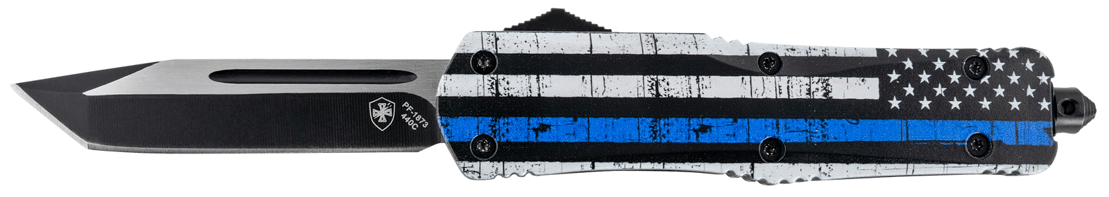 Templar Knife LBTB231 Gen II Back The Blue Large 3.50" OTF Tanto Plain Black Oxide Stonewashed 440C SS Blade, 5.25" Black & White w/Blue Line Aluminum Handle, Glass Breaker